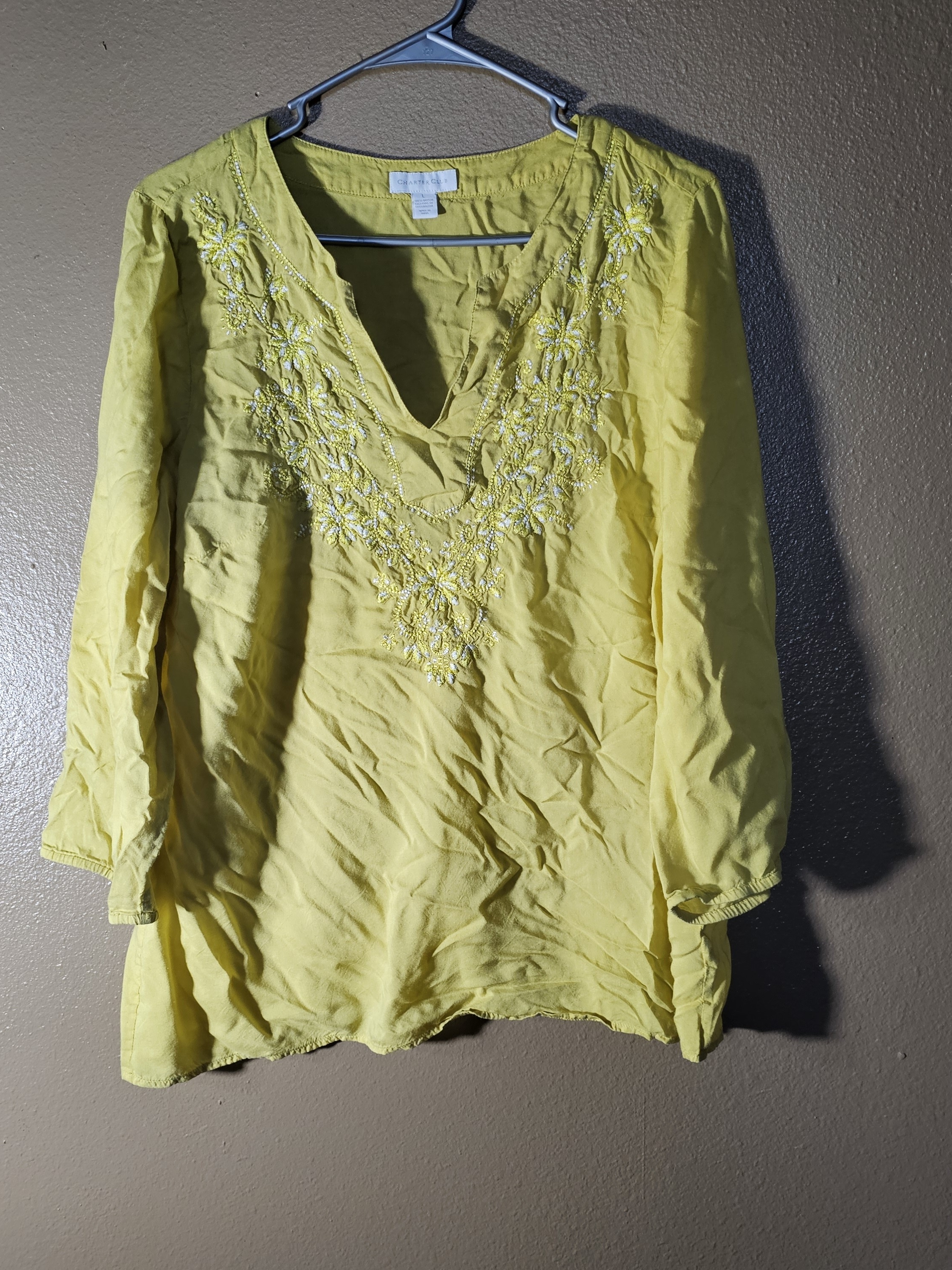 Charter Club Women's Blouse Yellow Embroidered Floral Print Boho 3/4 Size Large